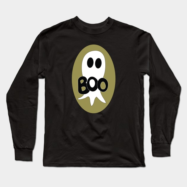 Cute Halloween ghost cartoon with BOO text Long Sleeve T-Shirt by Angel Dawn Design